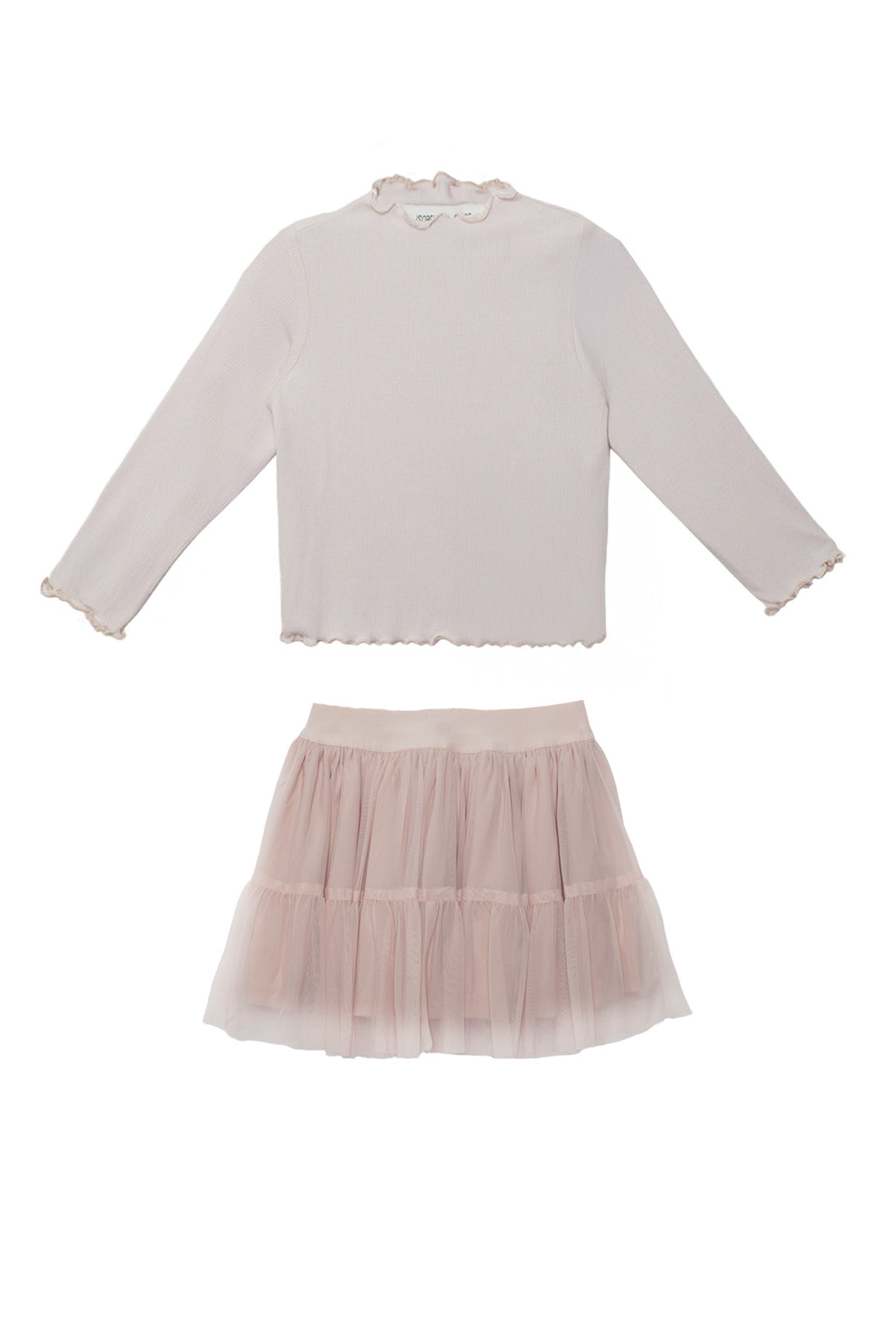 The Isobella and Chloe Ballerina Two Piece Set includes a pastel long-sleeve ribbed top with a ruffled collar and a light pink tiered tulle skirt—perfect for your child.