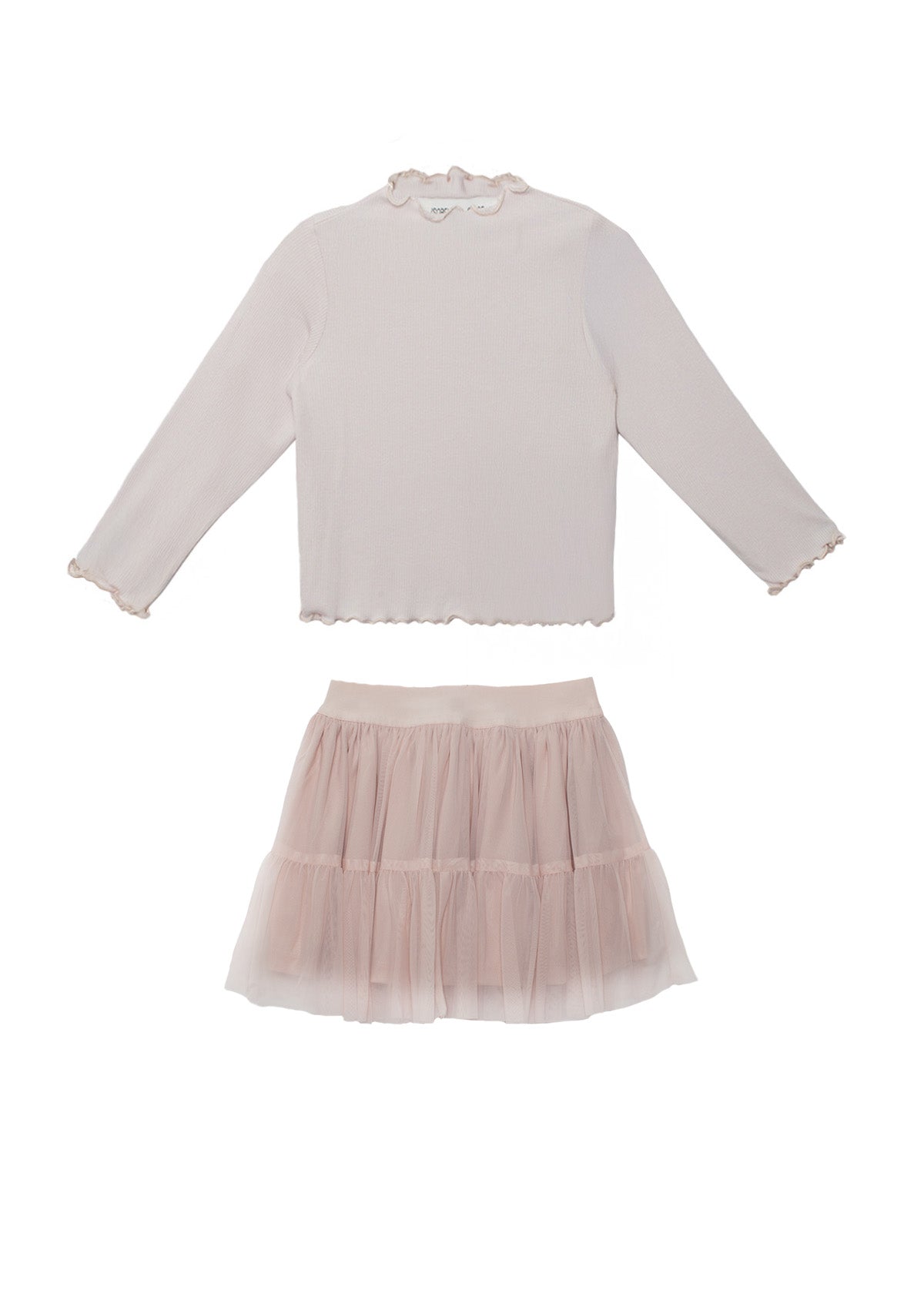 The Isobella and Chloe Ballerina Two Piece Set includes a pastel long-sleeve ribbed top with a ruffled collar and a light pink tiered tulle skirt—perfect for your child.