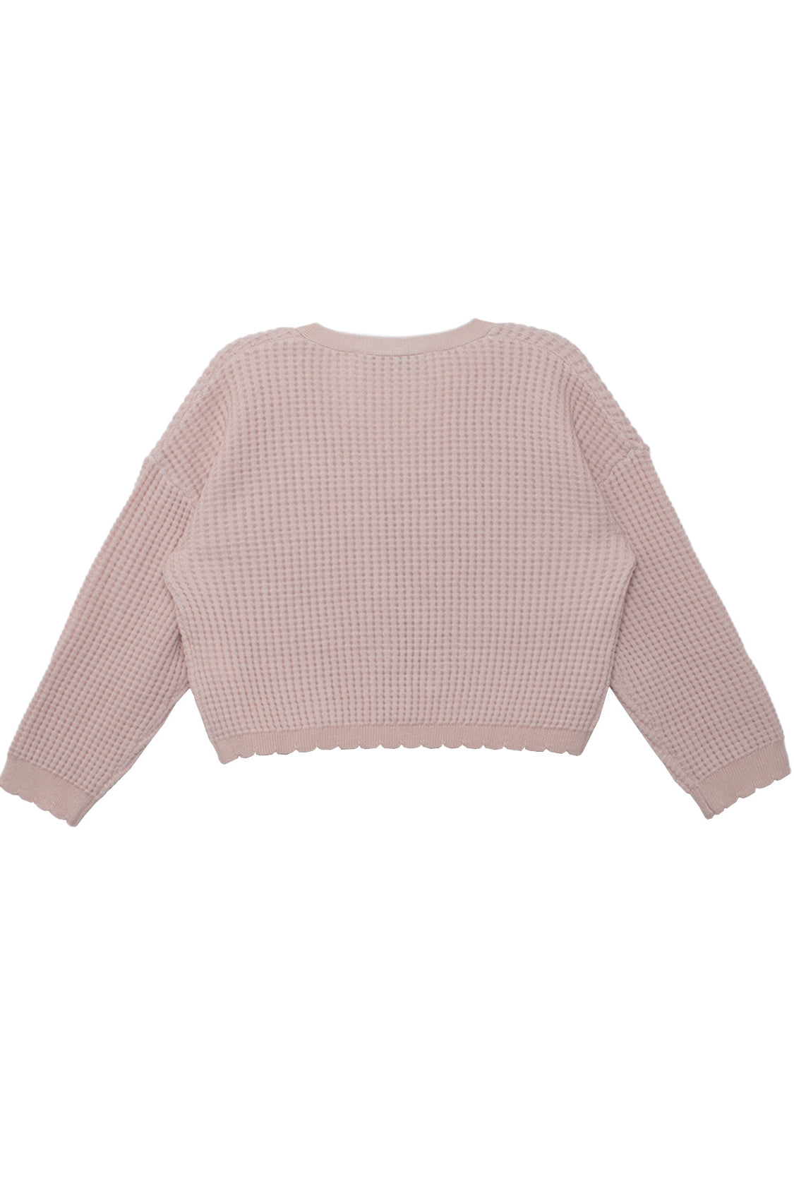 The Isobella and Chloe Ballerina Sweater in light pink features long sleeves, a waffle-knit texture, and delicate scalloped hem and cuffs, shown laid flat with the back side up.