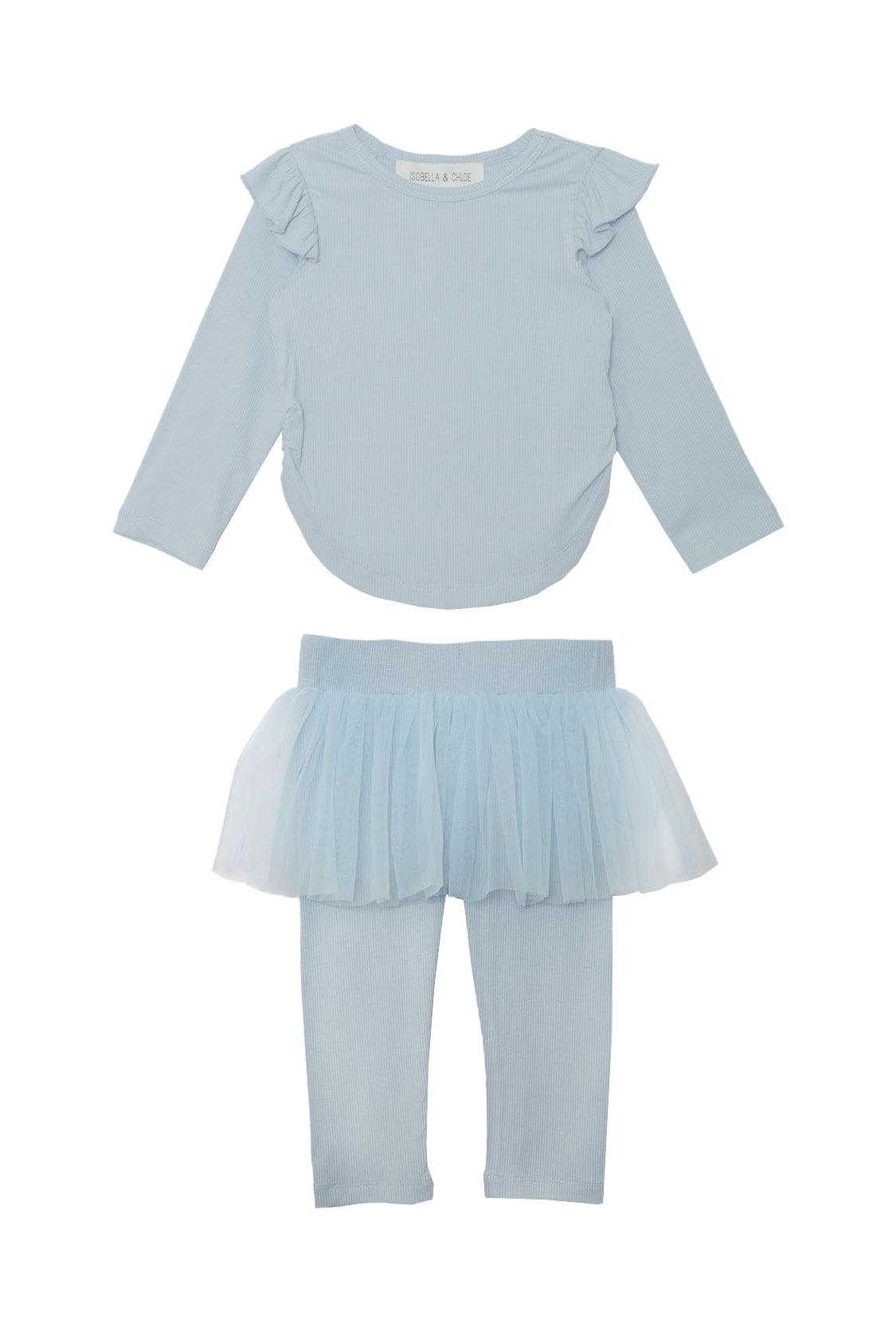 The Isobella and Chloe "Tutu in the Clouds" Two Piece Pant Set for girls features a light blue top with ruffled shoulders and matching leggings with an attached tulle skirt overlay, shown on a white background.