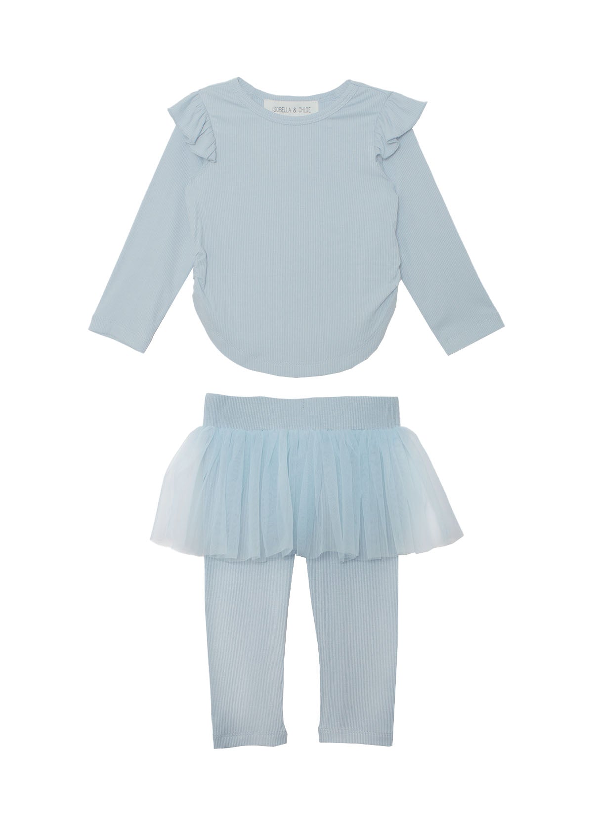 The Isobella and Chloe "Tutu in the Clouds" Two Piece Pant Set for girls features a light blue top with ruffled shoulders and matching leggings with an attached tulle skirt overlay, shown on a white background.