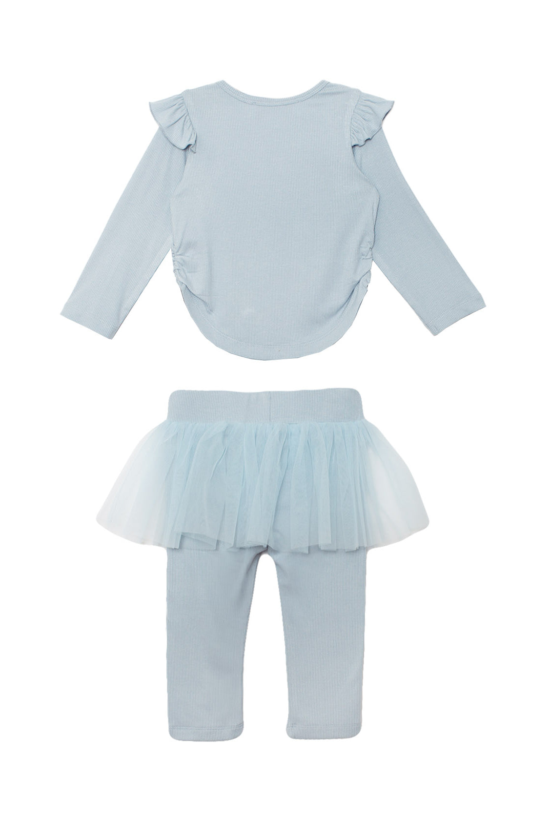 The Isobella and Chloe Tutu in the Clouds Two Piece Pant Set features a light blue long-sleeve top with ruffled shoulders and matching leggings, finished with a blue tulle skirt overlay, displayed on a white background.