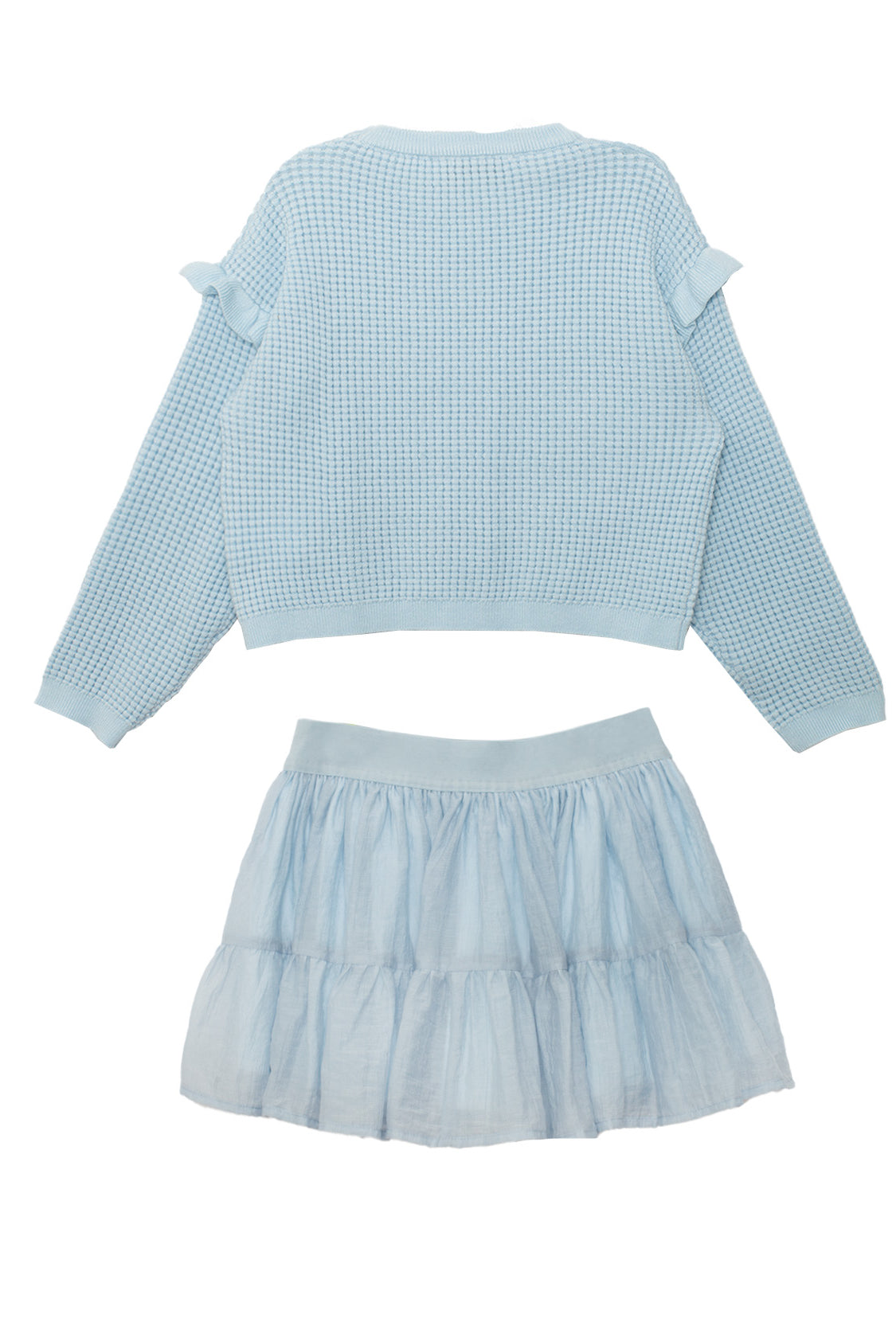 The Isobella and Chloe "Tutu in the Clouds Two Piece Set" features a light blue waffle-knit long sleeve top with ruffled shoulders and a tiered flowy skirt, both laid flat on a white background.