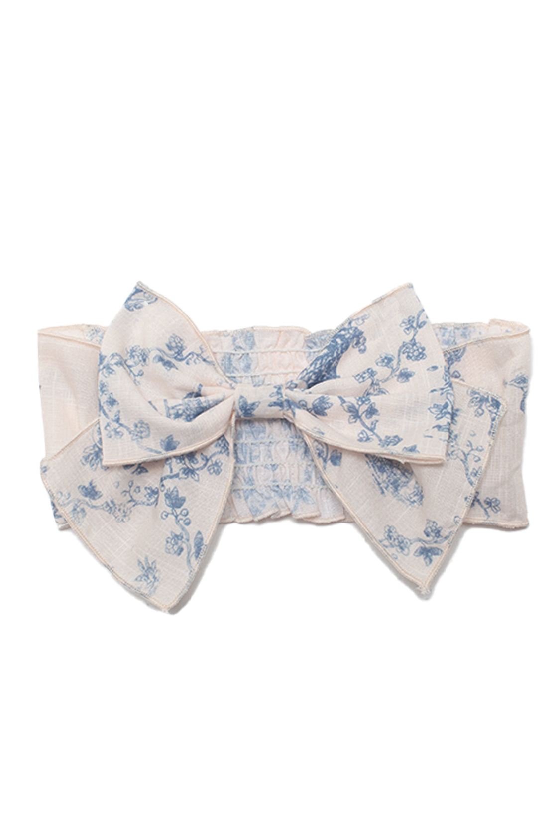 The Isobella and Chloe Princess Hair Accessory is a wide cream headband with a textured, gathered design and a large blue floral bow, adding elegant charm to any girls outfit.