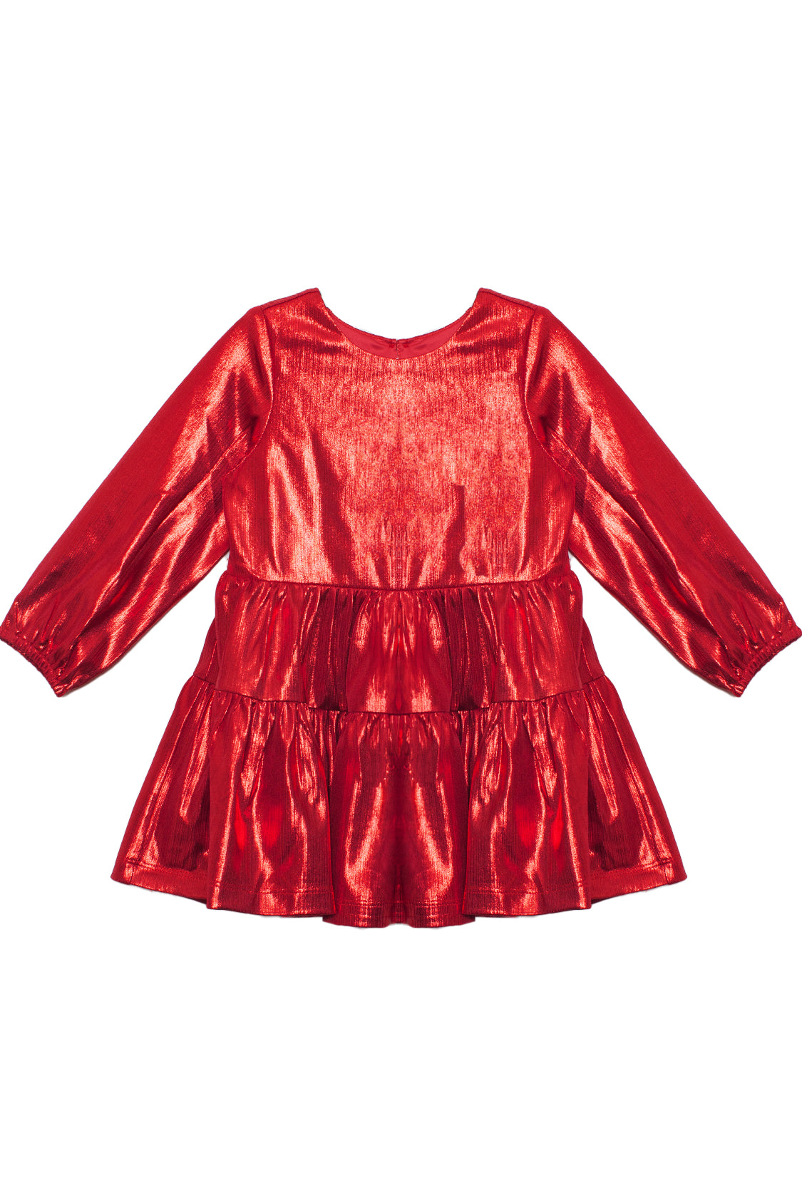 The Isobella and Chloe Ruby Red Tiered Dress is a shiny, metallic red party dress for kids with long sleeves, a tiered flared skirt, and a round neckline—perfect for festive occasions.