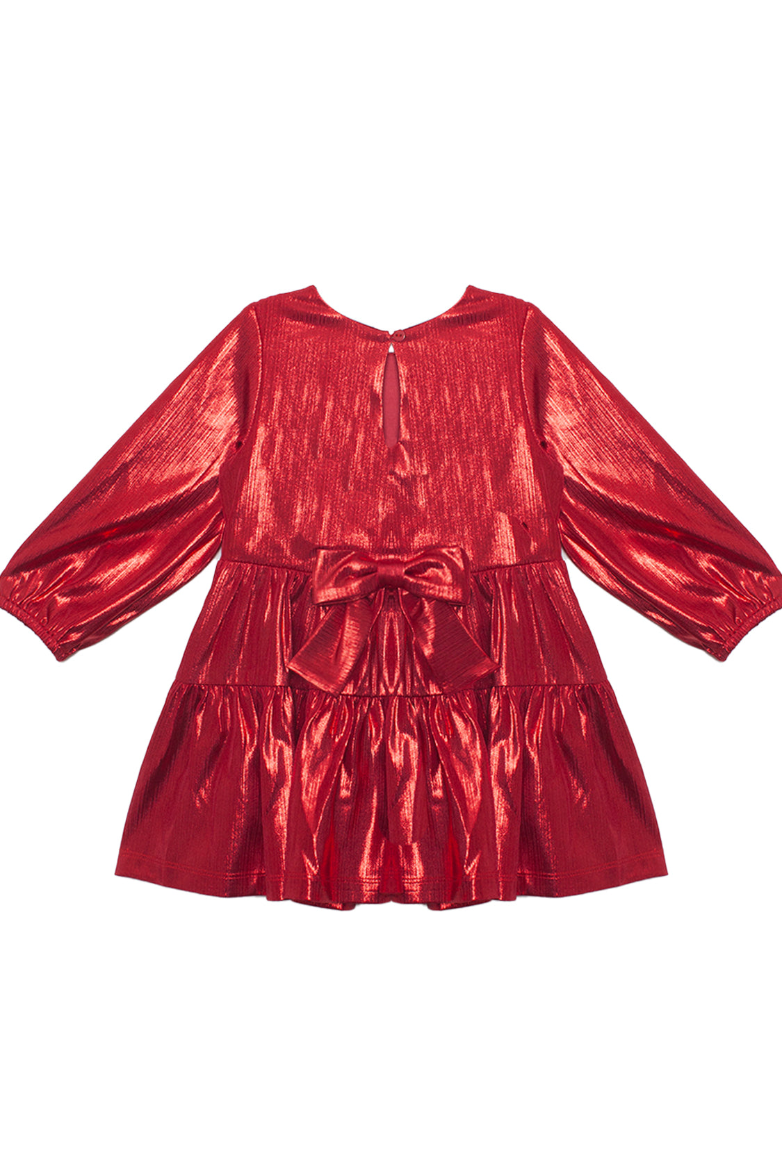 The Isobella and Chloe Ruby Red Tiered Dress for kids features long sleeves, a round neckline, tiered ruffled skirt, large back waist bow, metallic finish, and a keyhole button closure at the back.