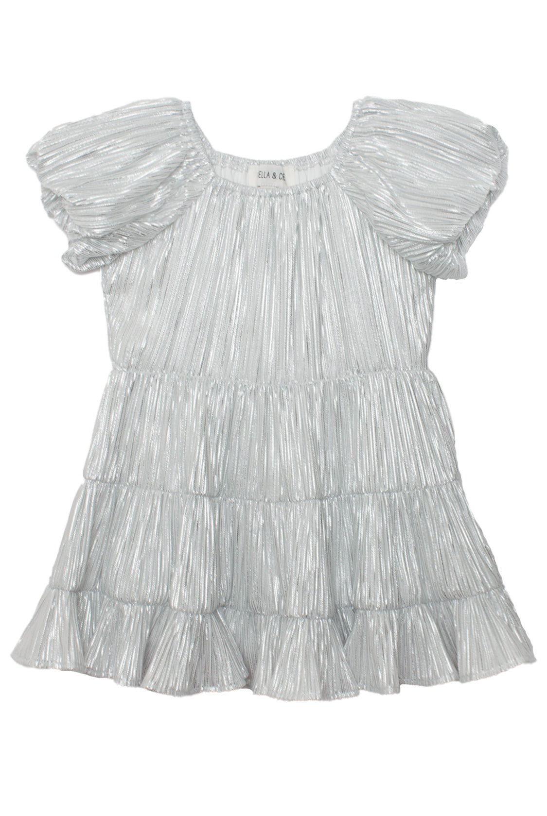 The Sparkle and Spin Silver Dress by Isobella and Chloe features shiny silver fabric, short sleeves, a pleated texture, a ruffled tiered skirt, and a loose, flowy fit—ideal as a party dress that shimmers.