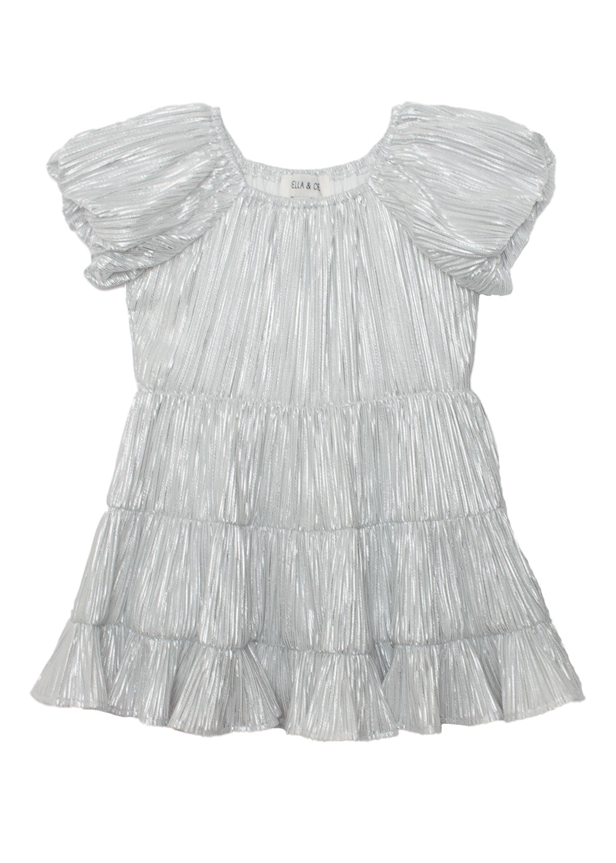 The Sparkle and Spin Silver Dress by Isobella and Chloe features shiny silver fabric, short sleeves, a pleated texture, a ruffled tiered skirt, and a loose, flowy fit—ideal as a party dress that shimmers.
