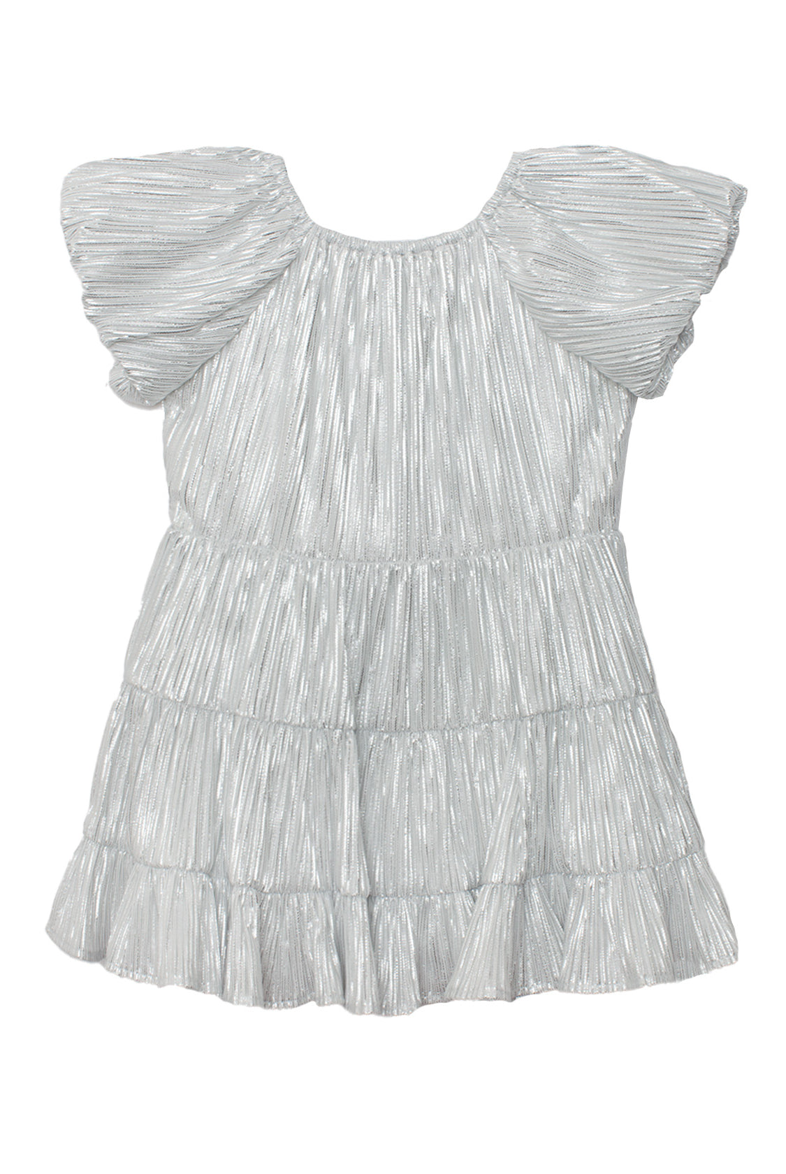 The Isobella and Chloe Sparkle and Spin Silver Dress is a short, metallic party dress with flutter sleeves, a tiered pleated design, shiny textured fabric, and a loose silhouette ideal for festive occasions.