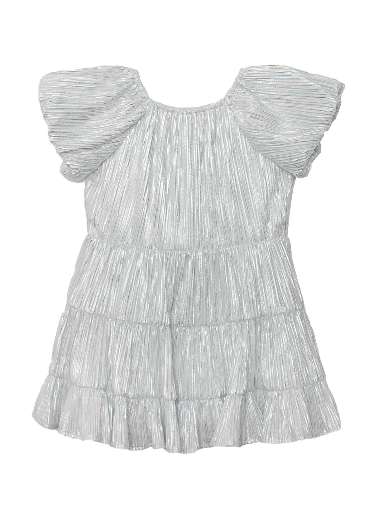 The Isobella and Chloe Sparkle and Spin Silver Dress is a short, metallic party dress with flutter sleeves, a tiered pleated design, shiny textured fabric, and a loose silhouette ideal for festive occasions.