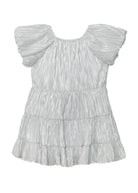 The Isobella and Chloe Sparkle and Spin Silver Dress is a short, metallic party dress with flutter sleeves, a tiered pleated design, shiny textured fabric, and a loose silhouette ideal for festive occasions.