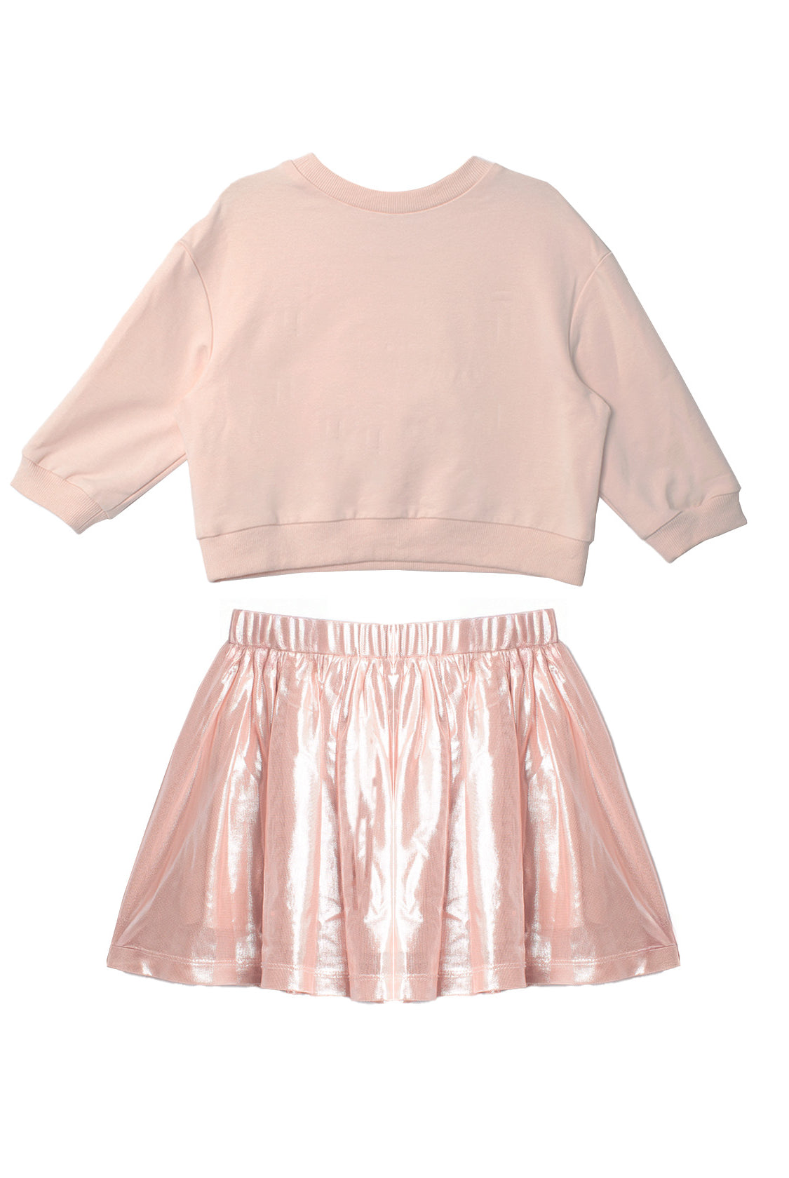 The Isobella and Chloe Sweet Cakes Two Piece Set features a light pink embroidered long sleeve top and a shiny metallic pink pleated skirt, creating an adorable girls' outfit displayed on a white background.