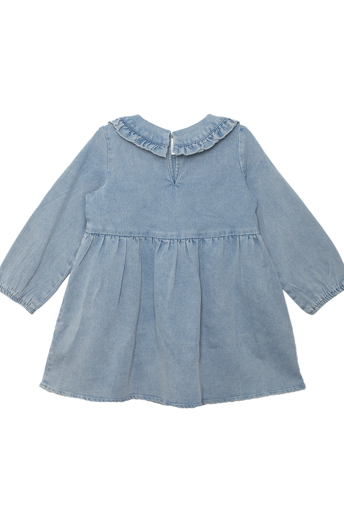 The Mabel and Honey Denim Days Long Sleeve Dress for children is a light blue A-line denim dress with long sleeves, ruffled collar, elastic cuffs, and a gathered waist with flared skirt, shown flat on a white background.