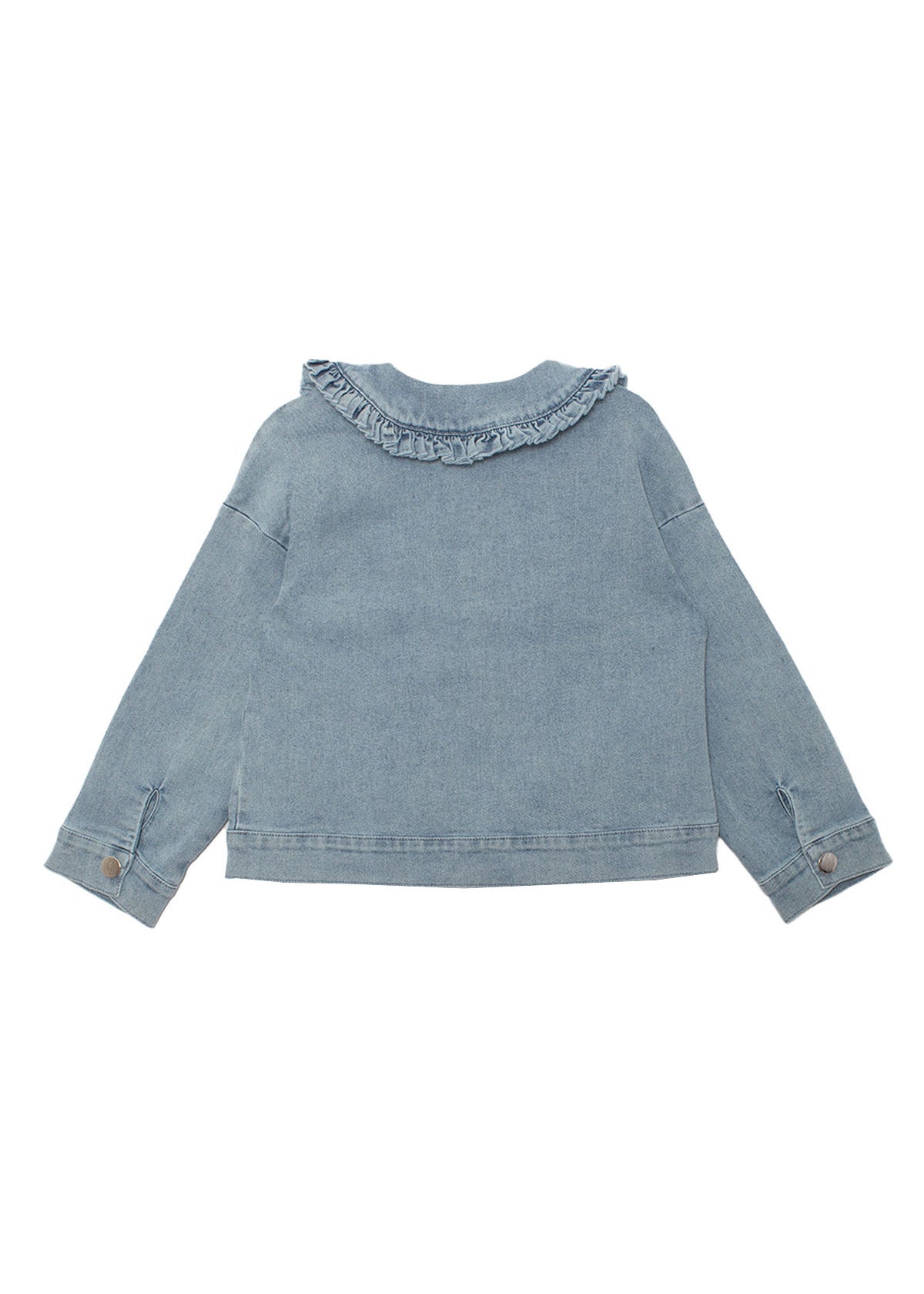 The Mabel and Honey Denim Days Ruffled Collar Jacket features light blue denim, long sleeves, buttoned cuffs, and a charming ruffled collar—an essential for any kids' wardrobe, shown from the back on a white background.