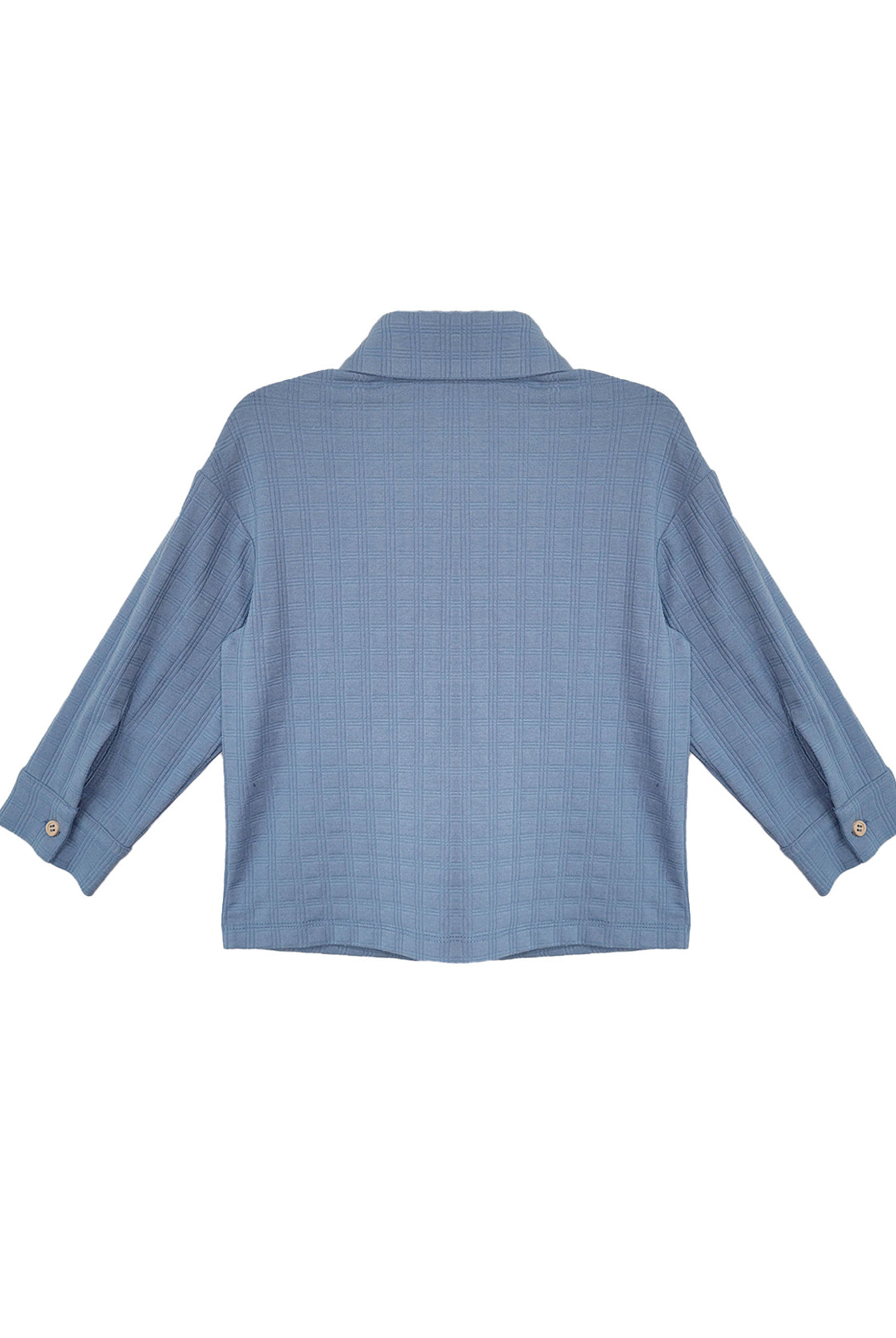 Back view of the Beckett and Bear Lucas Jacket in light blue, featuring long sleeves, a collared design, buttoned cuffs, and a textured grid pattern. The jacket is laid flat on a white background.