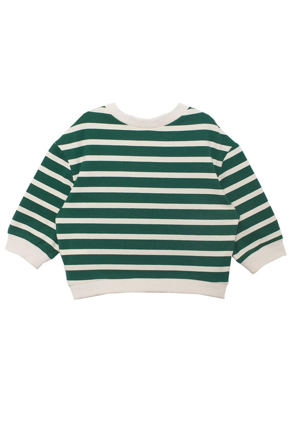 The Jackson Top by Beckett and Bear is a kids’ shirt with green and white striped long sleeves, a crew neckline, and white trim at the collar, cuffs, and hem. This relaxed-fit style is perfect for everyday wear.