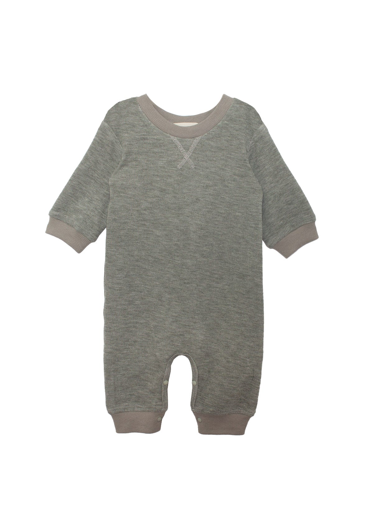The Beckett and Bear Miles Romper is a gray, long-sleeved boys romper with ribbed cuffs and neckline, collar stitching detail, leg snaps for easy changing, and a minimalist design.