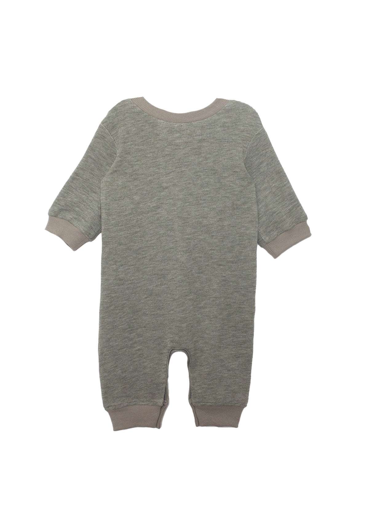 The Beckett and Bear Miles Romper is a long-sleeve grey boys romper with light beige cuffs and a minimalist design, shown laid flat and viewed from the back on a white background.