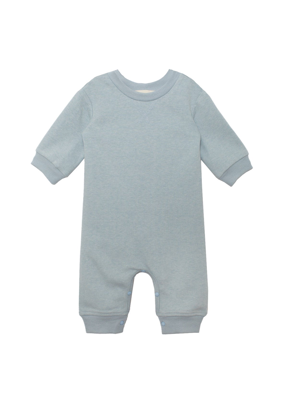 The Beckett and Bear Aiden Romper is a light blue long-sleeve baby romper with ribbed cuffs and inseam snap closures for easy changing.