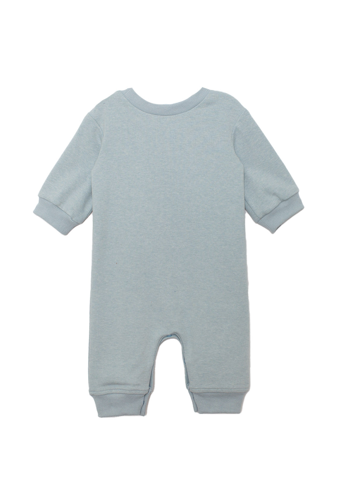 The Beckett and Bear Aiden Romper is a light blue, long-sleeve one-piece with ribbed cuffs at the wrists and ankles, shown laid flat with its back facing up.