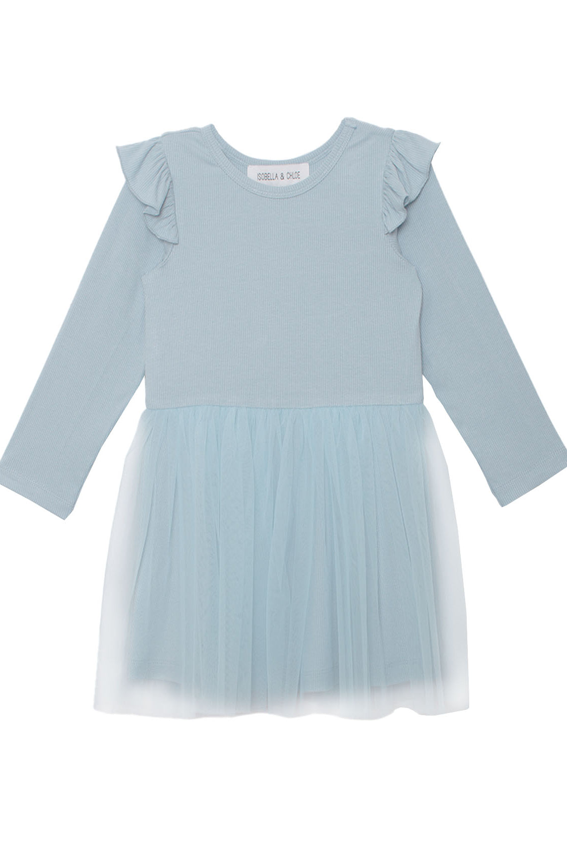 The Isobella and Chloe Tutu in the Clouds Dress has a ribbed long-sleeve bodice, ruffled shoulders, and a light blue tulle skirt—creating an elegant look that's ideal for special occasions.