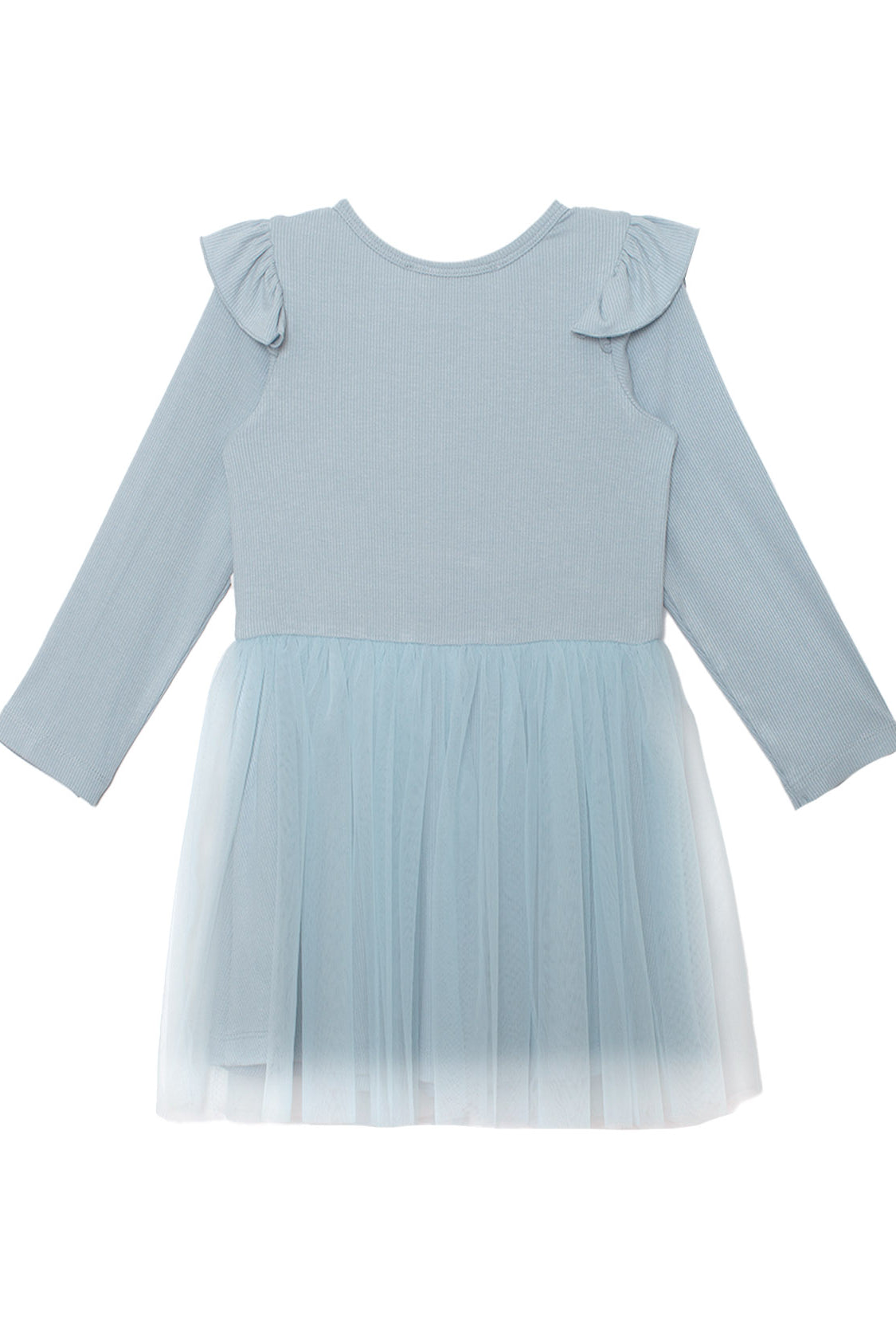 The Tutu in the Clouds Dress by Isobella and Chloe features a long-sleeved ribbed bodice with ruffle details and a dreamy light blue tulle skirt—perfect for bringing whimsical charm to your child’s wardrobe.