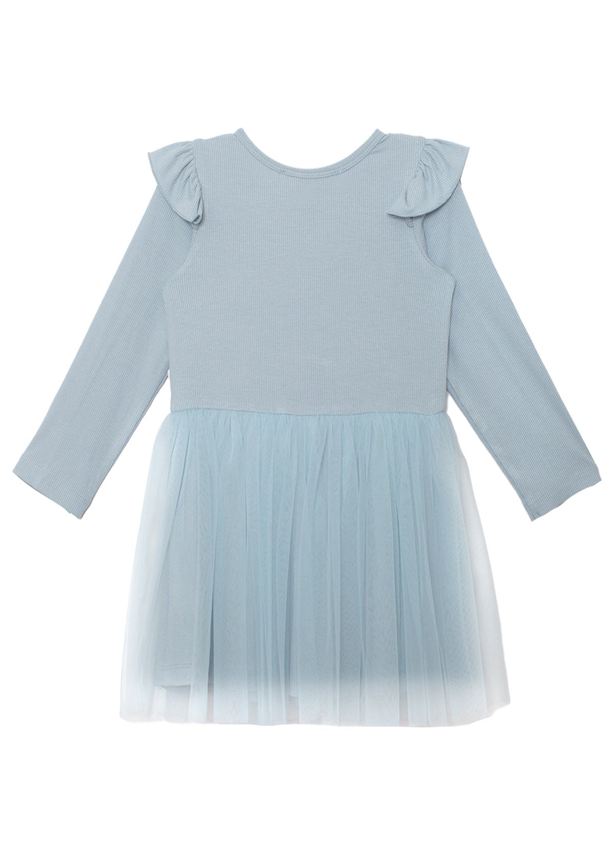 The Tutu in the Clouds Dress by Isobella and Chloe features a long-sleeved ribbed bodice with ruffle details and a dreamy light blue tulle skirt—perfect for bringing whimsical charm to your child’s wardrobe.
