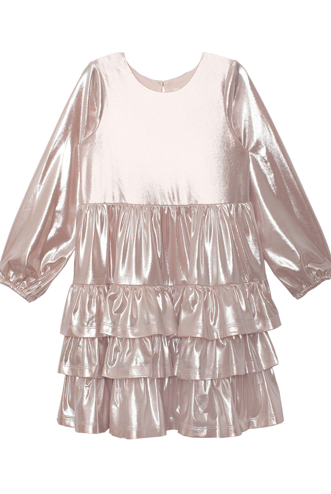The Golden Glow Long Sleeve Dress by Isobella and Chloe is a metallic pink special occasion dress with a round neckline, three-tiered ruffle skirt, gathered sleeves with elastic cuffs, and a back button closure.