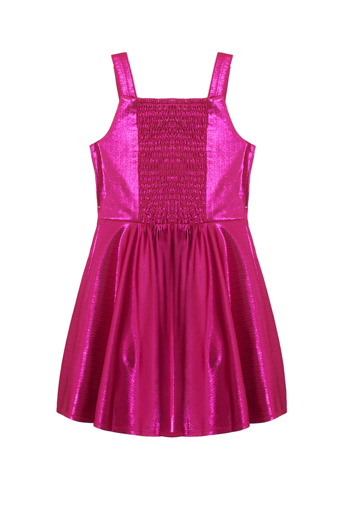 The Isobella and Chloe Glitterball Shimmering Sleeveless Dress, featuring a metallic fuchsia finish, shoulder straps, smocked bodice, and flared skirt, is shown on a white background.