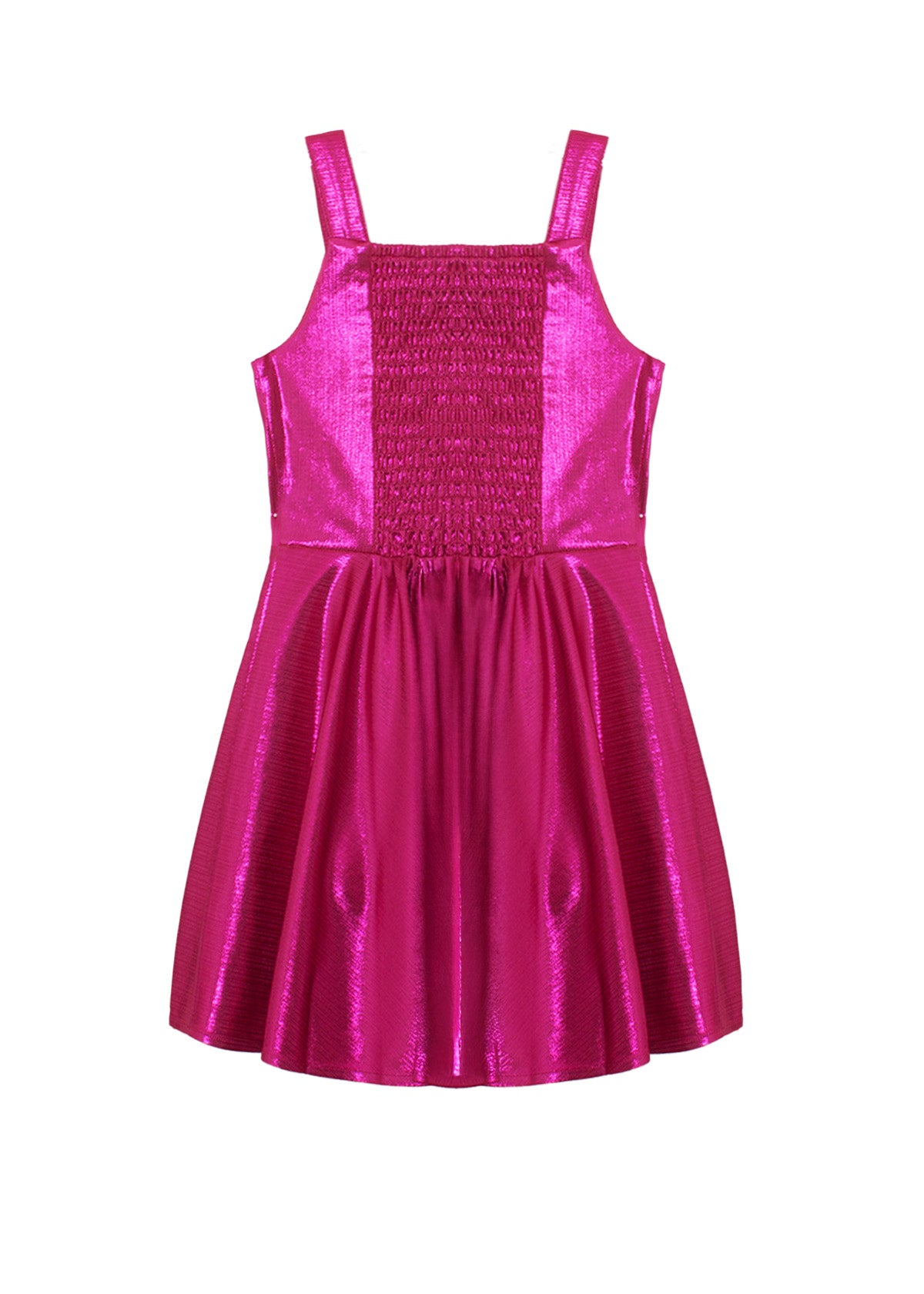 The Isobella and Chloe Glitterball Shimmering Sleeveless Dress, featuring a metallic fuchsia finish, shoulder straps, smocked bodice, and flared skirt, is shown on a white background.