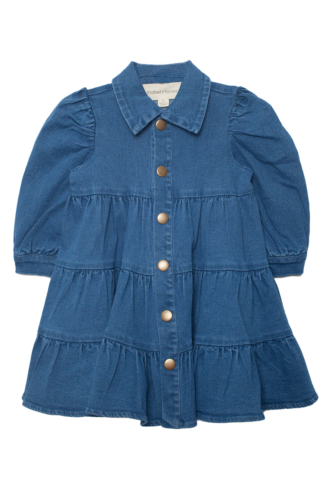 The Mabel and Honey Denim Days Tiered Dress is a stylish blue denim girls' dress with buttons, perfect for any occasion.