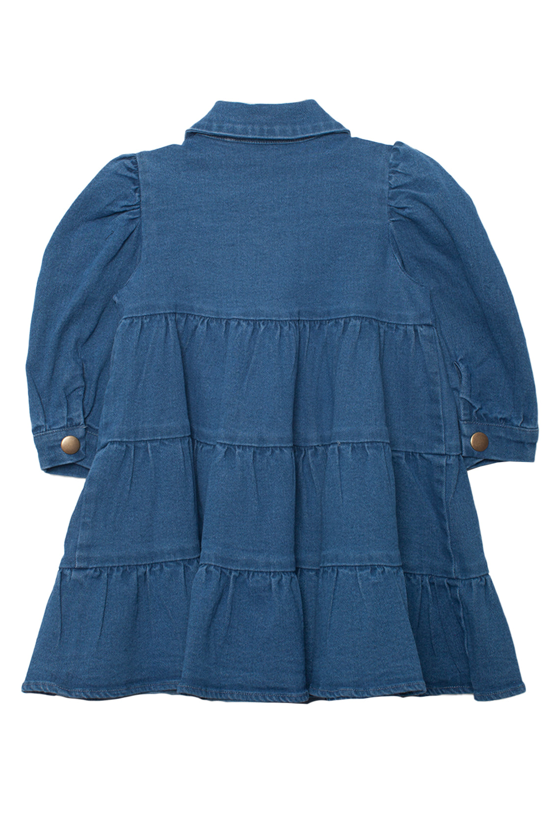 The Denim Days Tiered Dress by Mabel and Honey is a girls’ long-sleeved blue denim dress with a collar, buttoned cuffs, and a flared tiered skirt, shown flat with the back side facing up.
