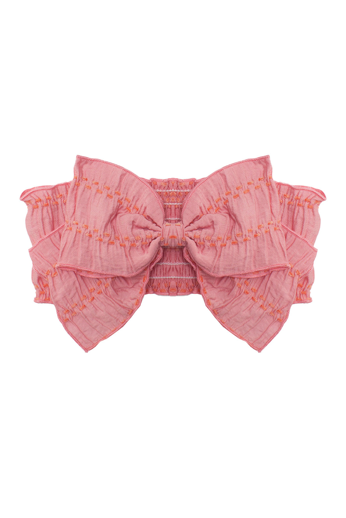 The Mabel and Honey Watermelon Lemonade Hair Accessory features a pink ruffled bow with layered edges and visible stitching, perfect for girls, shown on a plain white background.