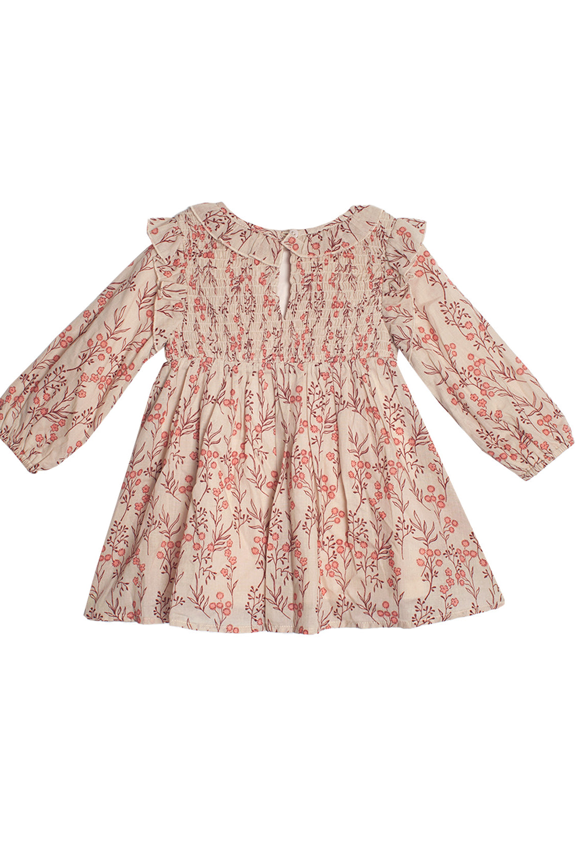 The Mabel + Honey Autumn Floral Tan Long Sleeve Dress for girls features a red floral print, ruffled shoulders, smocked bodice, flared skirt, and keyhole back for charming style and easy dressing.