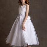 Sleeveless Satin Bodice with Beaded Neckline and Glitter Tulle Skirt