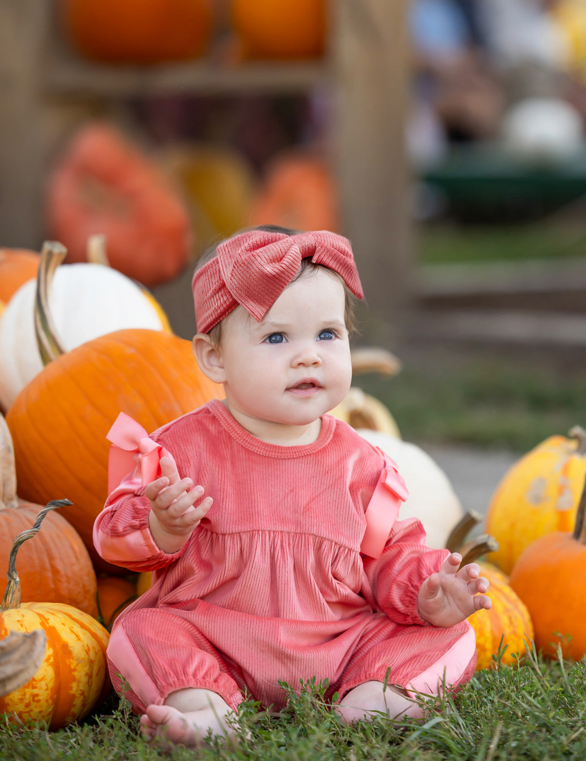 A baby wearing the Mabel and Honey Poppy Rose Long Sleeve Solid Ribbed Bow Tie Bubble Romper in coral, along with a matching headband, sits on grass surrounded by orange and white pumpkins, with additional pumpkins and blurred people visible in the background.
