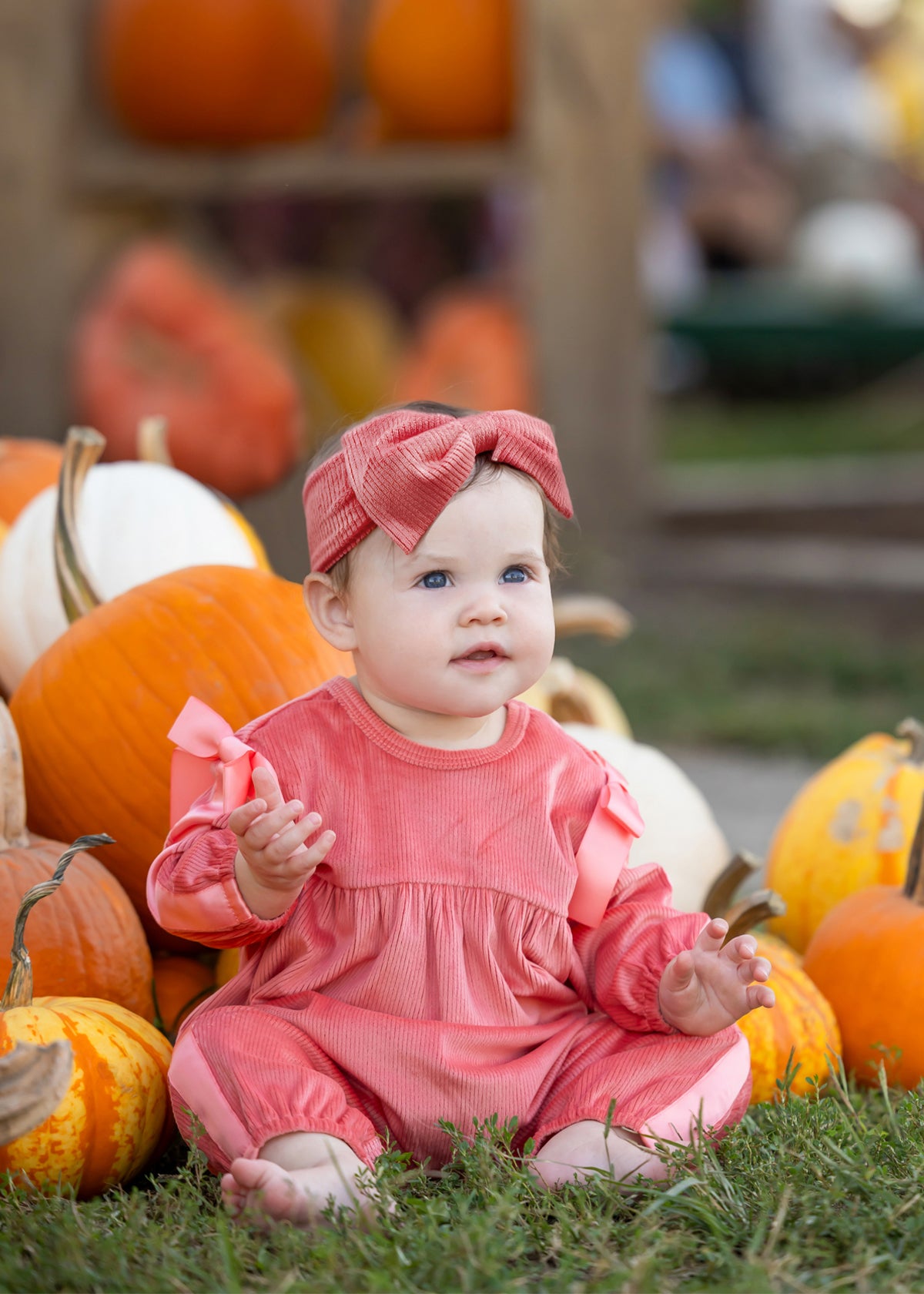 A baby wearing the Mabel and Honey Poppy Rose Long Sleeve Solid Ribbed Bow Tie Bubble Romper in coral, along with a matching headband, sits on grass surrounded by orange and white pumpkins, with additional pumpkins and blurred people visible in the background.