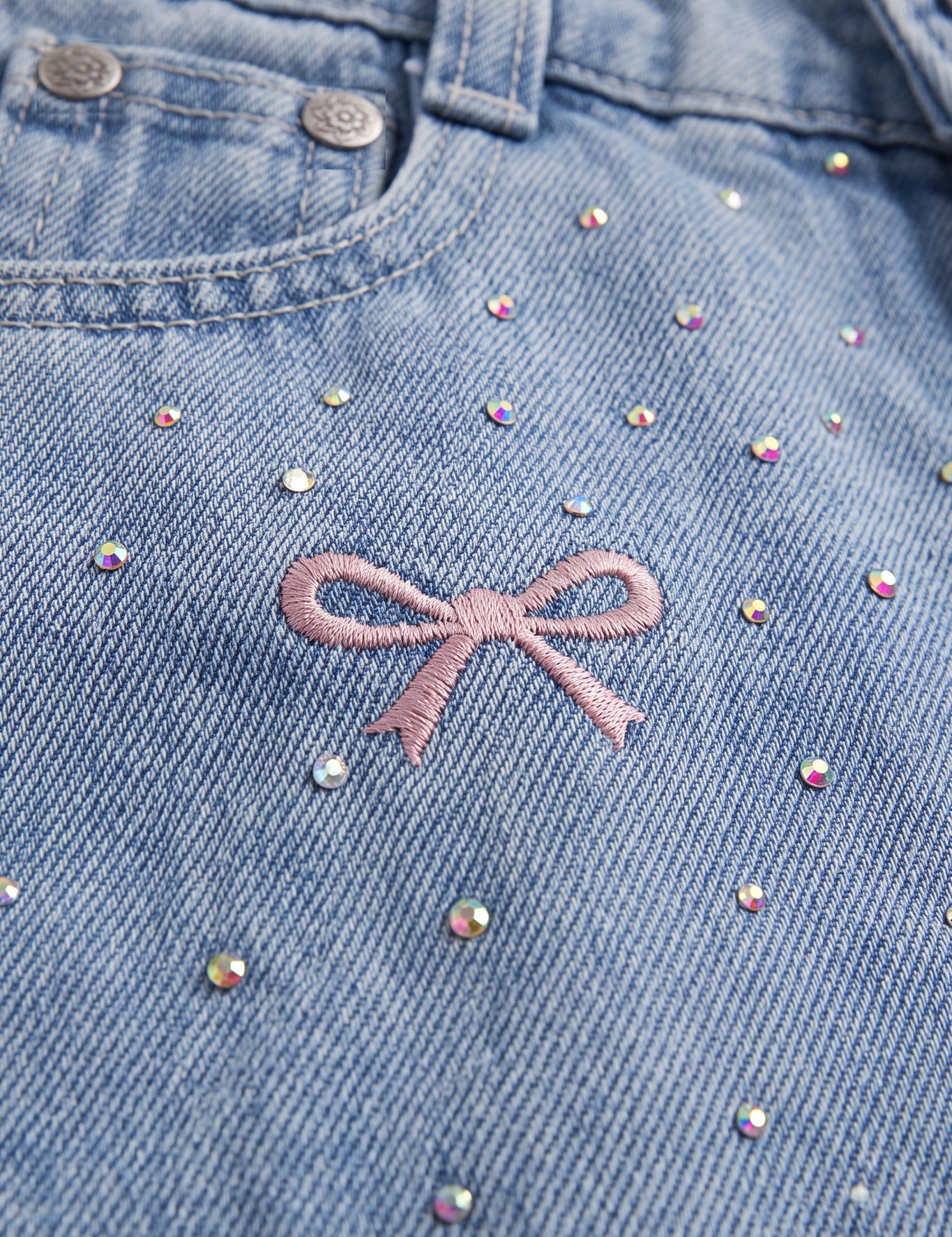 Bow Embroidered Rhinestone Wide Leg Denim Jeans (Big Kid)