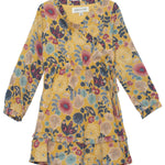 The Mabel + Honey Long Sleeve Floral Woven Wrap Dress is a children’s yellow dress featuring a charming wrap-style front, playful ruffle hem, and colorful floral patterns in pink, blue, and white.