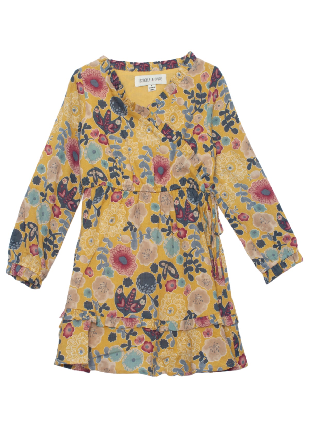 The Mabel + Honey Long Sleeve Floral Woven Wrap Dress is a children’s yellow dress featuring a charming wrap-style front, playful ruffle hem, and colorful floral patterns in pink, blue, and white.