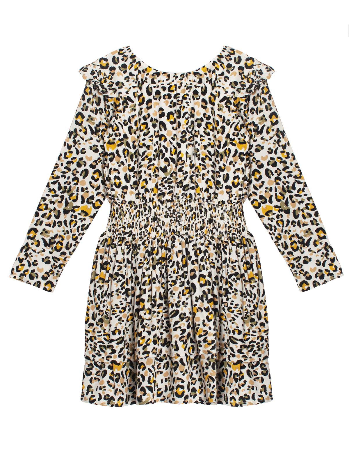 The Mabel + Honey Piper Rayon Dress is a long-sleeve girls' dress featuring a smocked waist, ruffled collar, and an all-over leopard print in black, brown, and yellow on a white background.