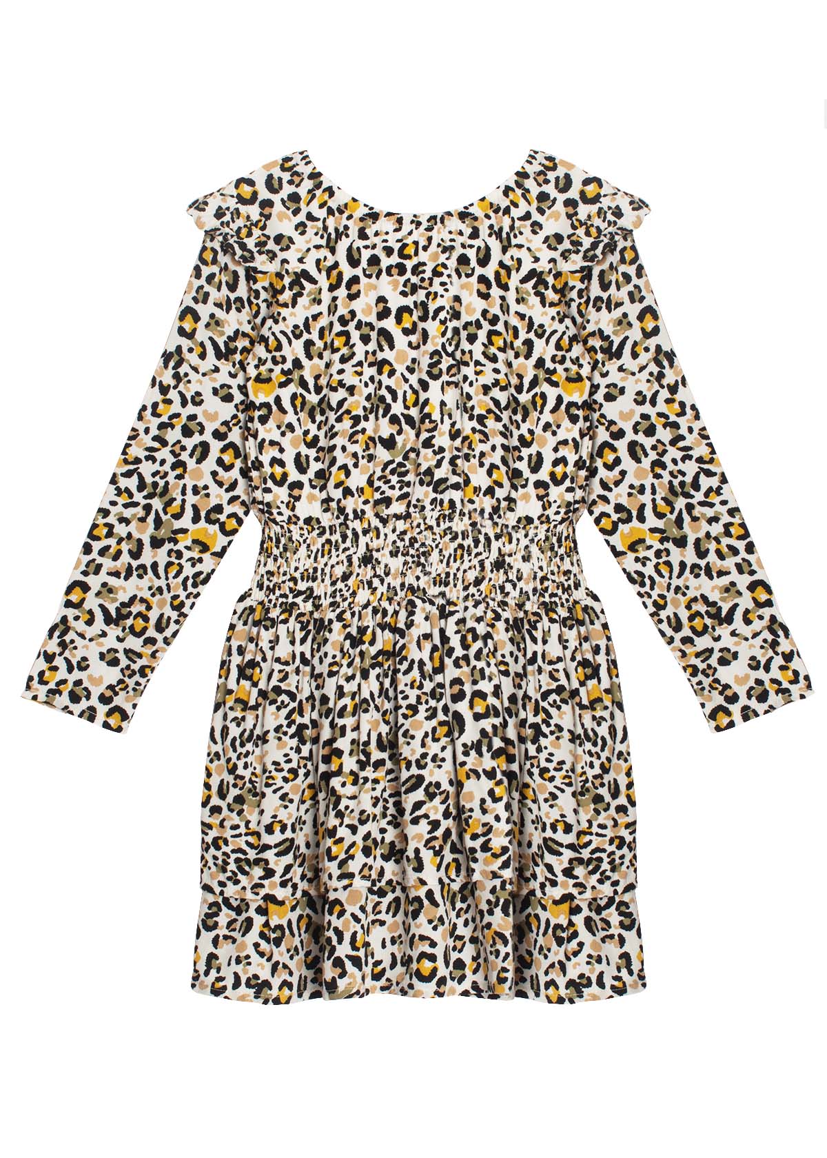 The Mabel + Honey Piper Rayon Dress is a long-sleeve girls' dress featuring a smocked waist, ruffled collar, and an all-over leopard print in black, brown, and yellow on a white background.