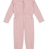 The Jada Knit Romper Long Sleeve Ruffle Shoulder Striped Jumpsuit from Mabel + Honey features pink and white stripes, ruffled shoulders, an elastic waistband, and a keyhole button closure at the back—making it an irresistibly cute girls’ knit jumpsuit.