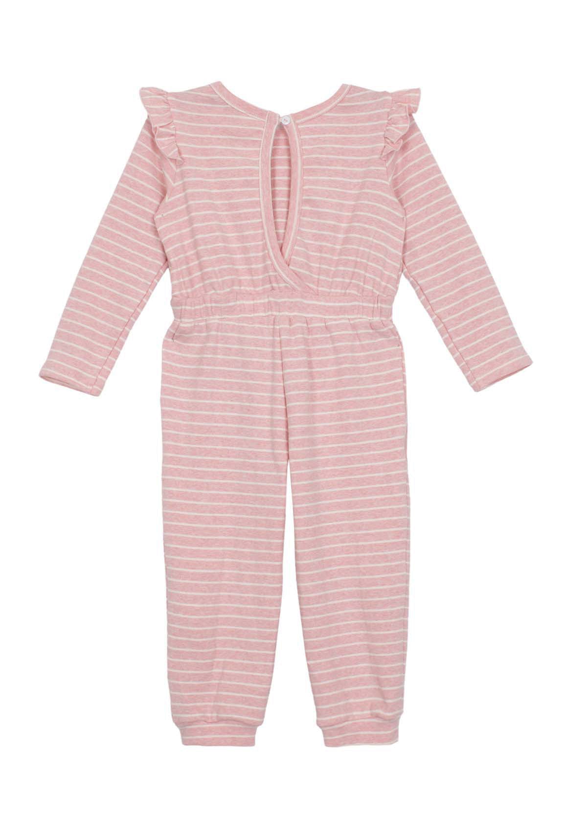 The Jada Knit Romper Long Sleeve Ruffle Shoulder Striped Jumpsuit from Mabel + Honey features pink and white stripes, ruffled shoulders, an elastic waistband, and a keyhole button closure at the back—making it an irresistibly cute girls’ knit jumpsuit.