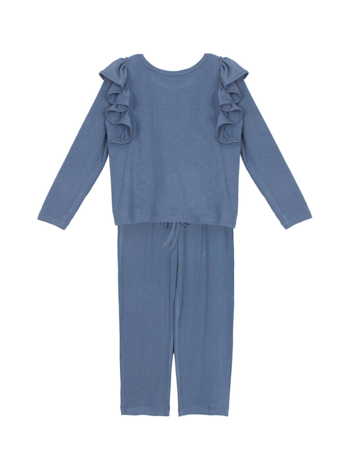 Showcased on a white background, the Candy Land Knit Two Piece Set by Mabel + Honey features a charming girls' outfit in blue—a long sleeve ruffle top paired with comfortable ribbed knit jogger pants.