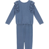 Showcased on a white background, the Candy Land Knit Two Piece Set by Mabel + Honey features a charming girls' outfit in blue—a long sleeve ruffle top paired with comfortable ribbed knit jogger pants.