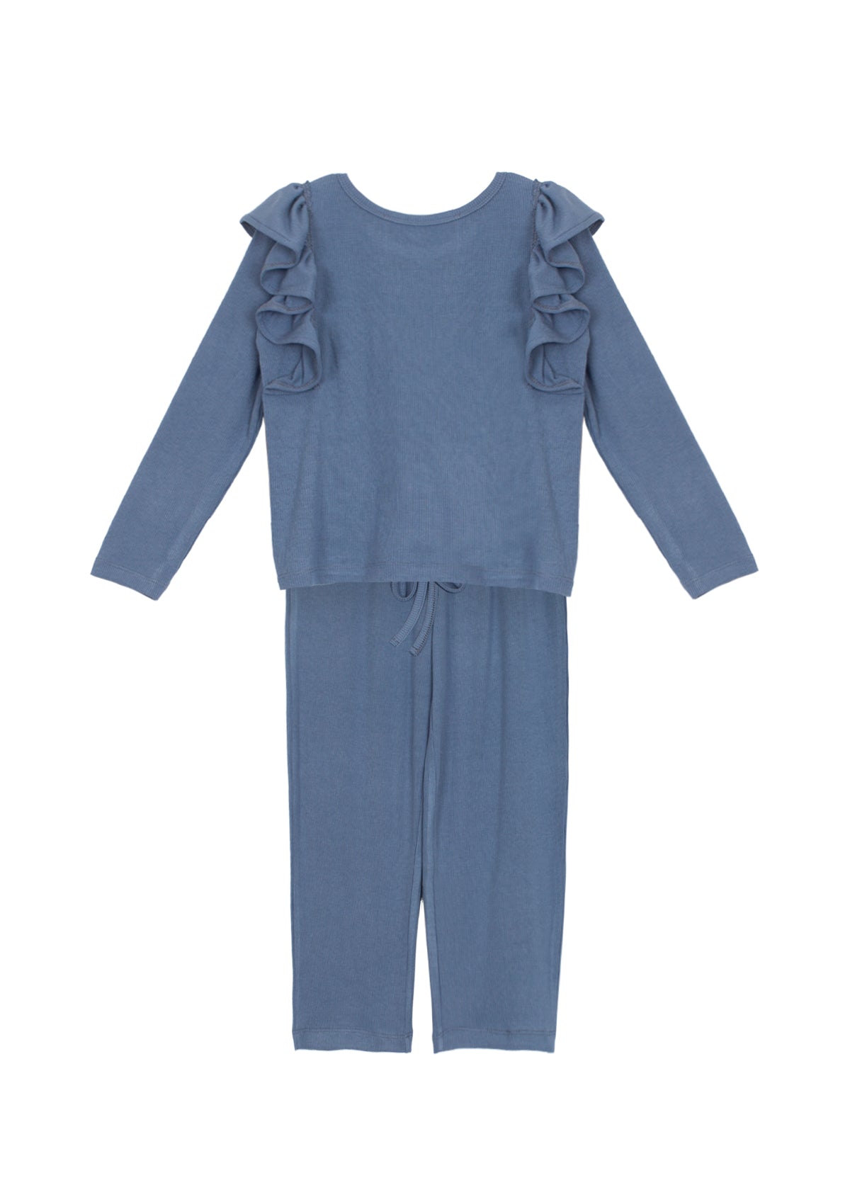 Showcased on a white background, the Candy Land Knit Two Piece Set by Mabel + Honey features a charming girls' outfit in blue—a long sleeve ruffle top paired with comfortable ribbed knit jogger pants.