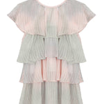 The Mabel + Honey Blush Belle Woven and Knit Dress features cap sleeves and a tiered ruffle design, crafted from sheer blush pink and gray striped fabric with subtle shimmering stripes for a loose, flowy silhouette.