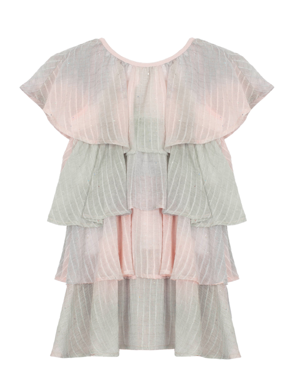 The Mabel + Honey Blush Belle Woven and Knit Dress features cap sleeves and a tiered ruffle design, crafted from sheer blush pink and gray striped fabric with subtle shimmering stripes for a loose, flowy silhouette.