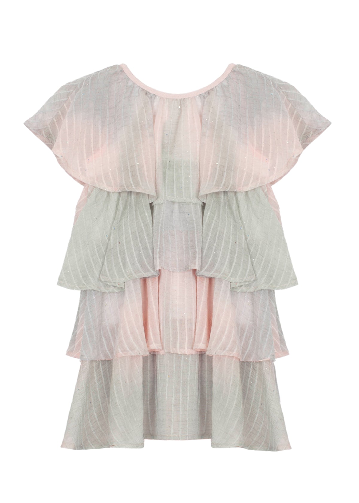 The Mabel + Honey Blush Belle Woven and Knit Dress features cap sleeves and a tiered ruffle design, crafted from sheer blush pink and gray striped fabric with subtle shimmering stripes for a loose, flowy silhouette.